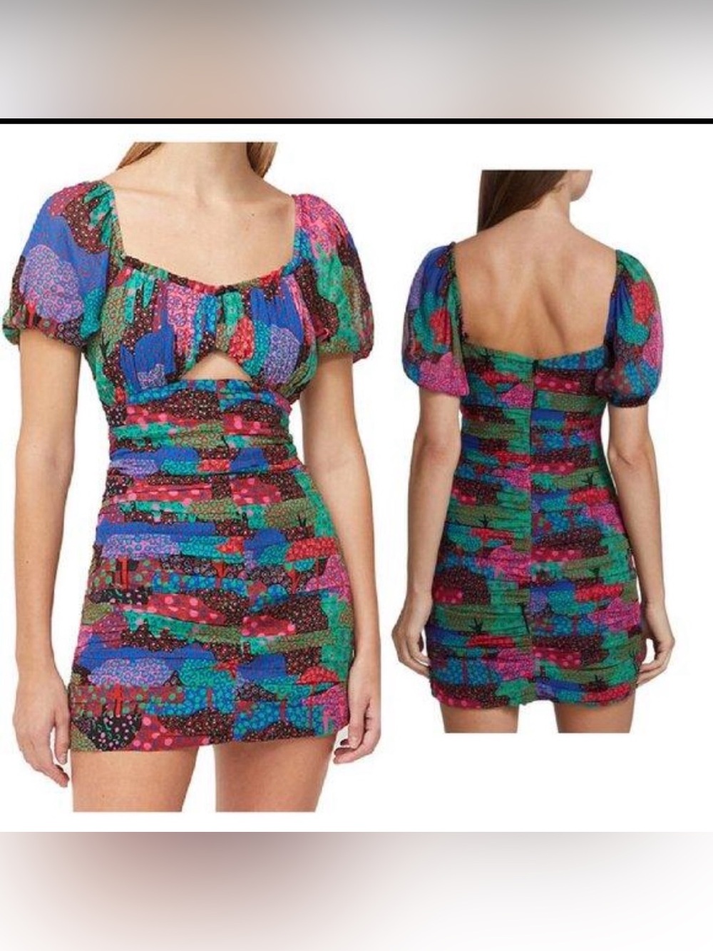 RHODE Clara Enchanted Woods Ruched Mini Dress Puff Sleeve Size 0 NWT